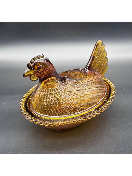 Indiana Glass Other - Vintage Indiana Glass Hen On A Nest Amber Candy Dish 1970s Chicken Farm HON